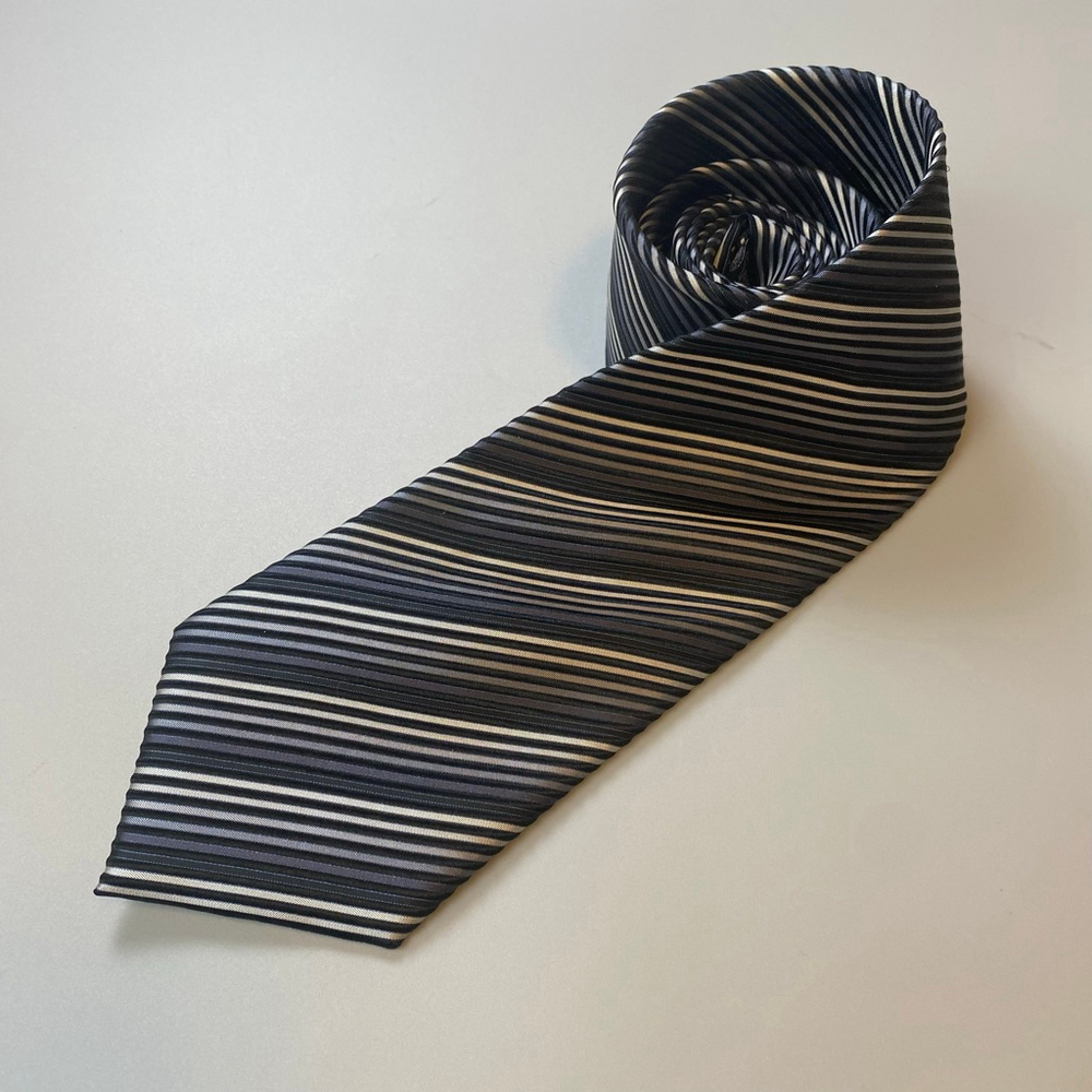Henry Grethel Tie Striped Silk Hand Made Classic Business Silver Black Blue